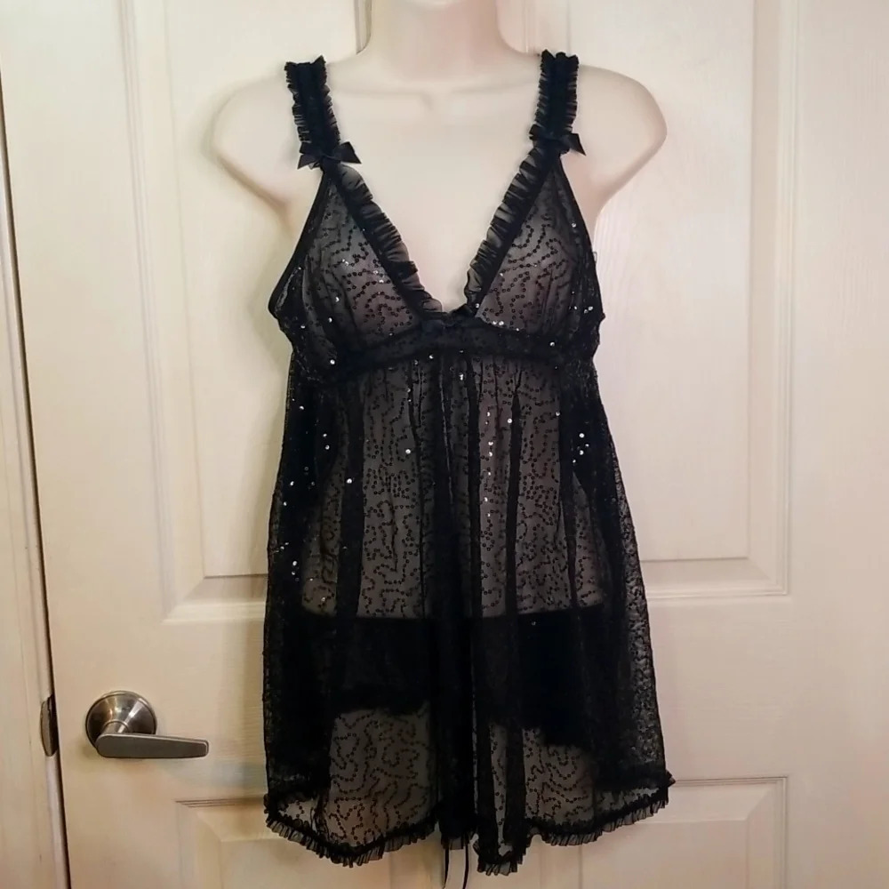 VICTORIAS SECRETSexy Little Angels BlkTemptation Sequin See-Through Babydoll SzL
